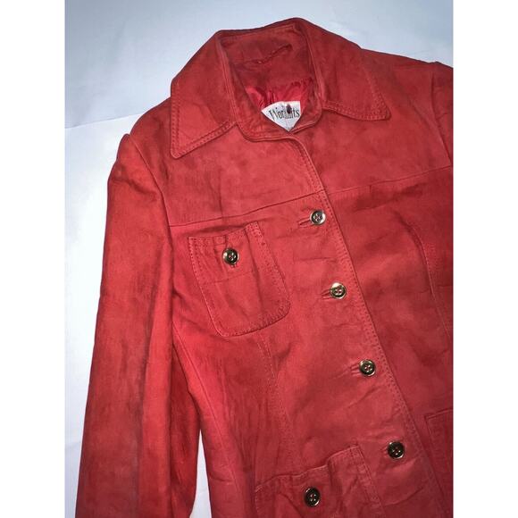 World Knits Suede Coat Women’s Size 12 Red Gold Buttons Leather Jacket Vintage - Picture 2 of 15